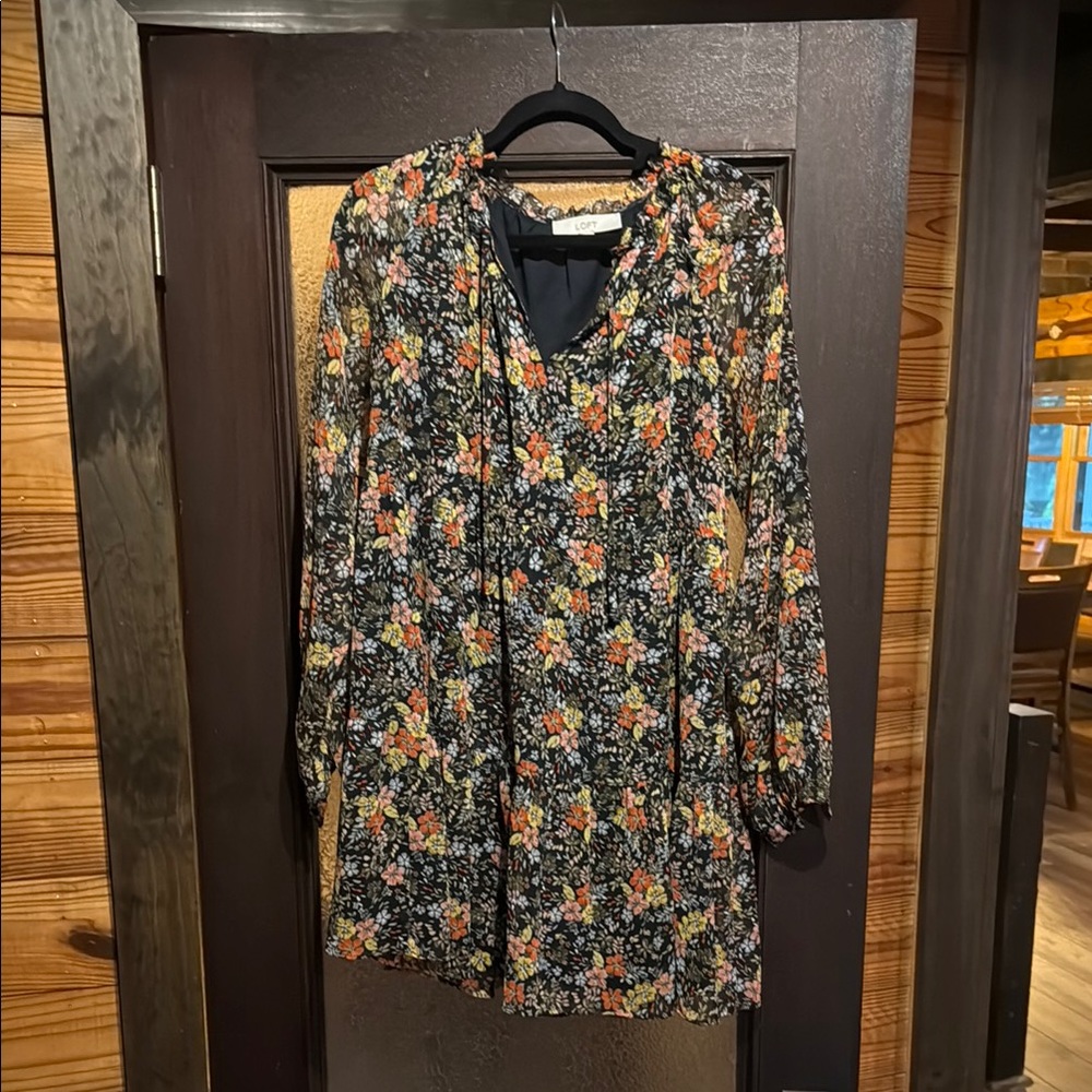 LOFT Black Floral Long Sleeve Dress
